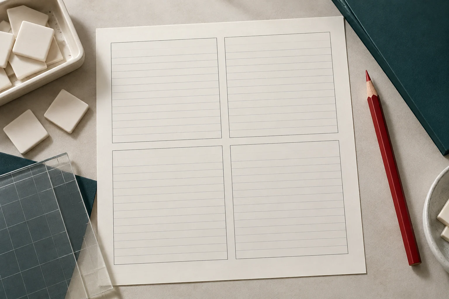 A red correction pencil and empty ruled audit sheet