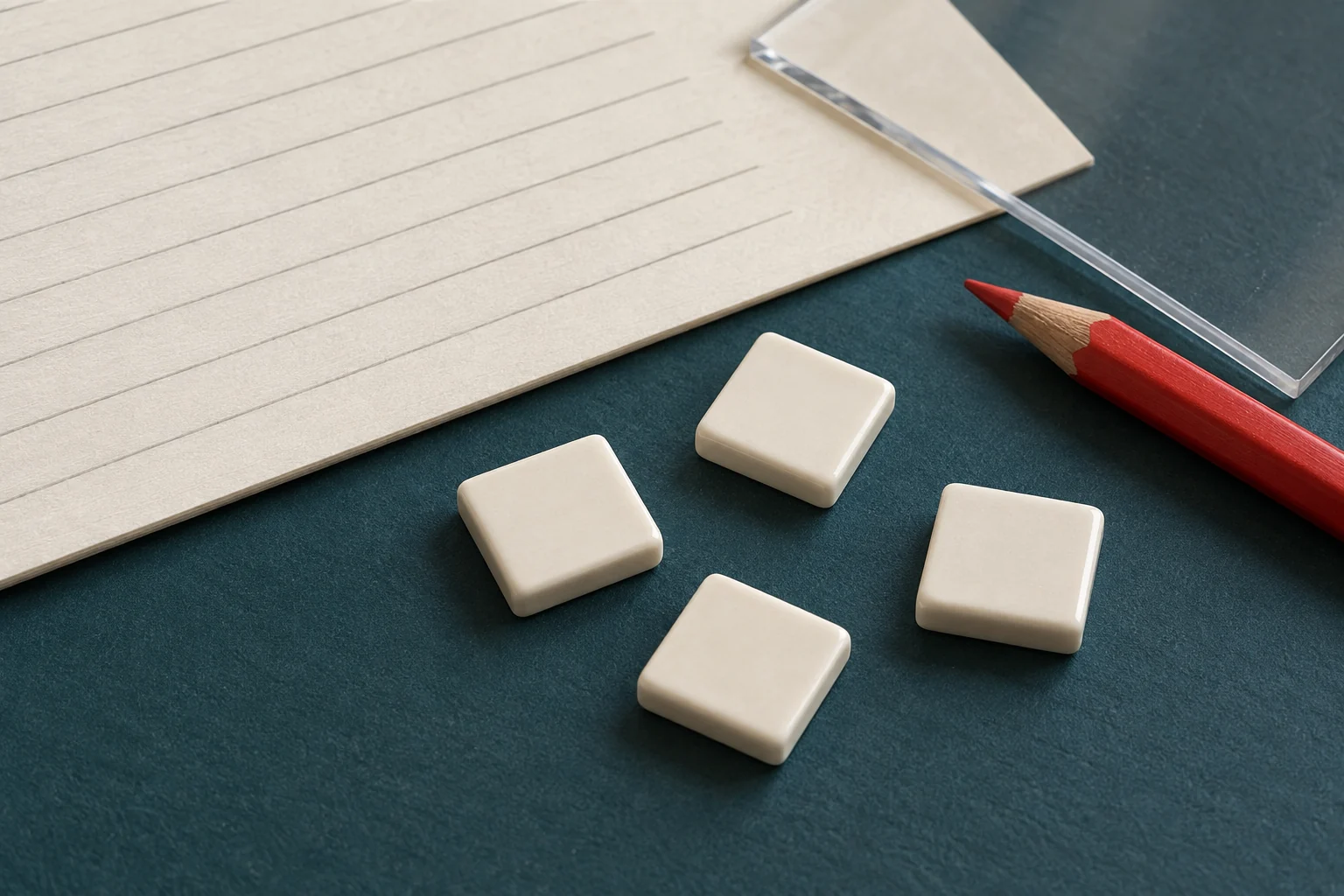 Blank square pieces beside a ruled testing sheet and red pencil