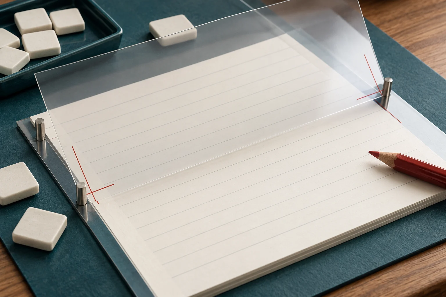 Transparent sheet aligned over blank ruled paper