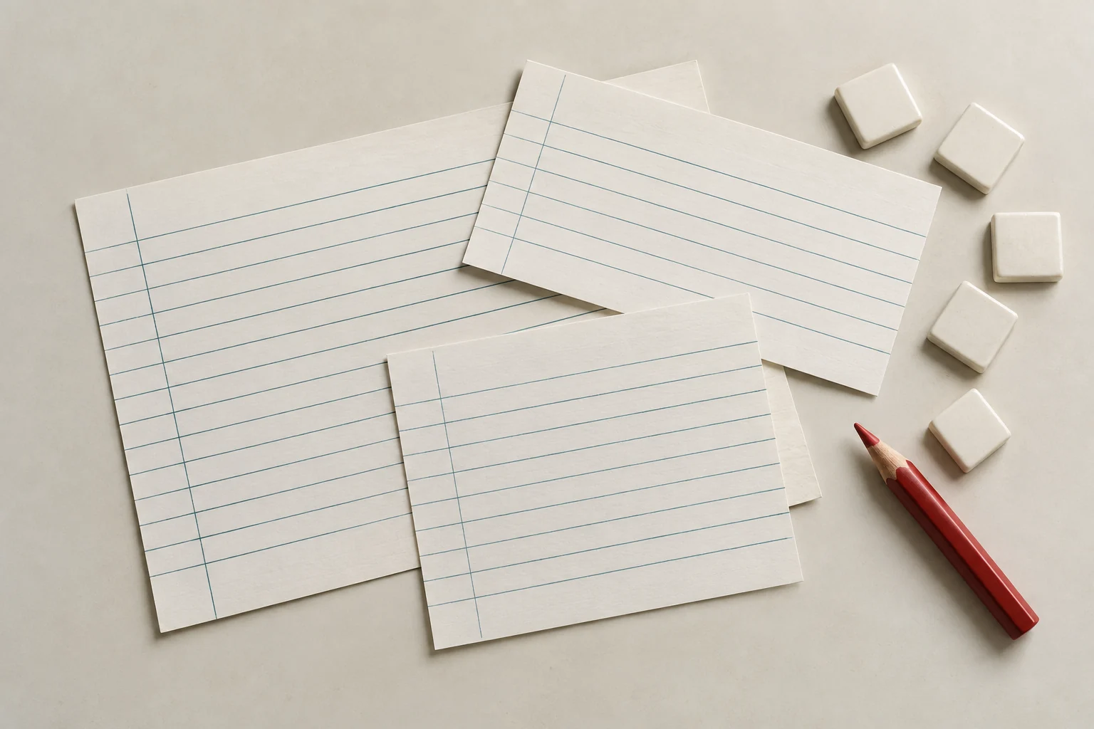 Unmarked specimen sheets and blank ceramic pieces on a paper workbench